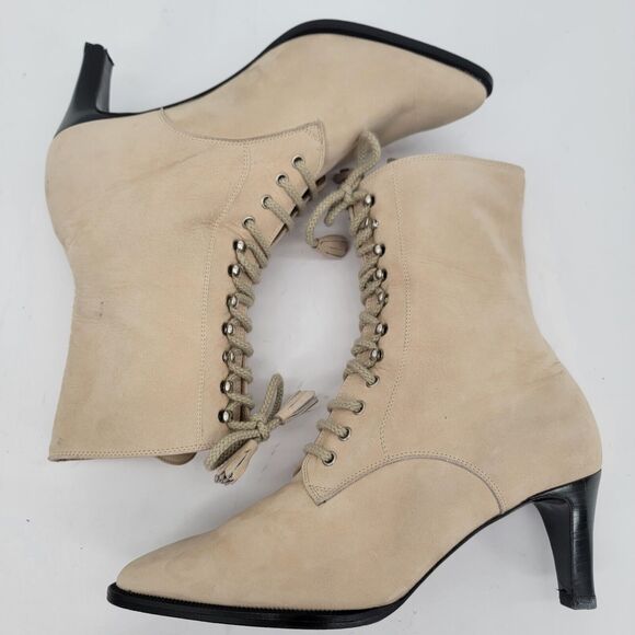 Moschino Size 6.5 Suede Leather Lace Up Bootie‎ Cream Ankle Boots Pointed Toe - Picture 3 of 12